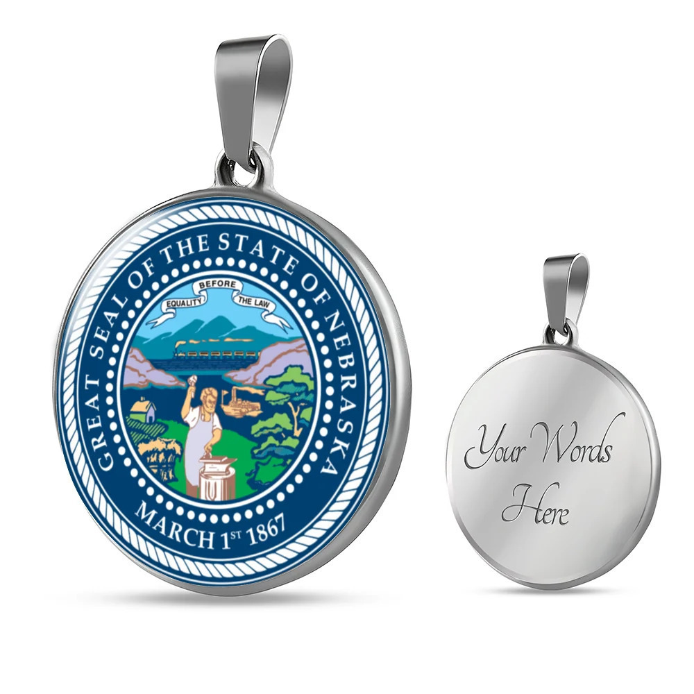 Nebraska State Seal Circle Pendant Necklace Stainless Steel 24 Inch Chain Silve